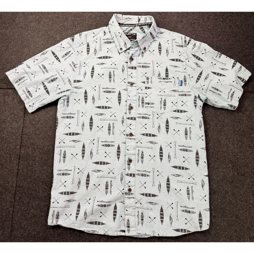 KAVU Mens Button Down Medium Light Blue Short Sleeve All Over Print Kayaks Boats